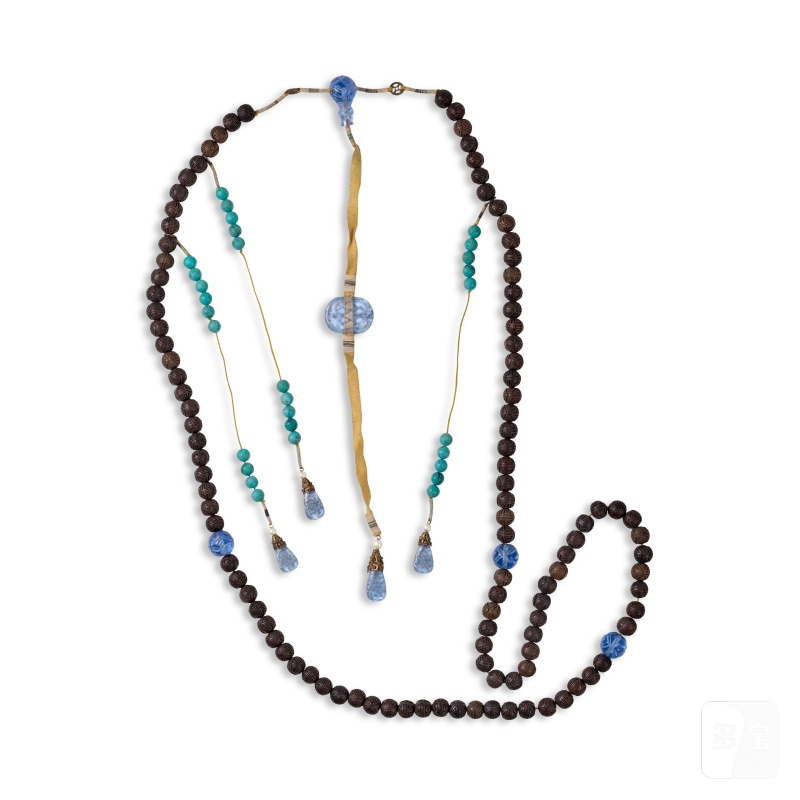 晚清 一百單八木籽朝珠 藍琉璃佛墜背雲 綠松石記捻 | A WOOD, BLUE GLASS, AND TURQUOISE COURT NECKLACE, CHAOZHU - 图4